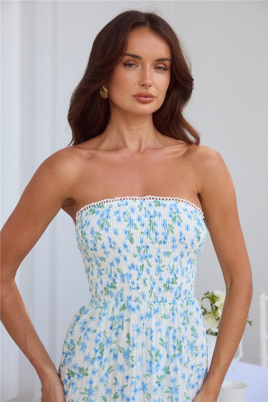 Under Palm Trees Strapless Midi Dress Blue Product Image