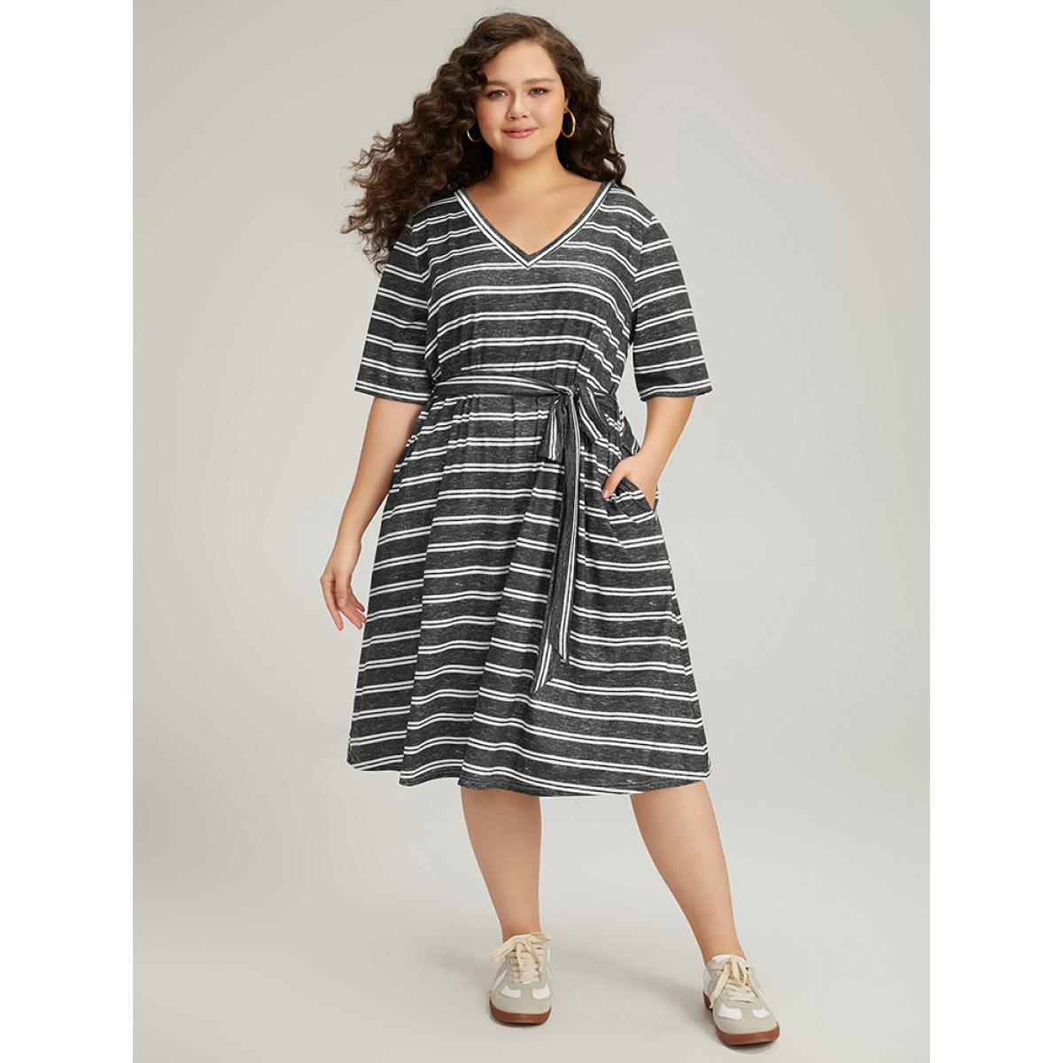 Plus Size Striped V Neck Pocket Belted Back Cut Out Dress Black Women Casual Belted V-neck Half Sleeve Curvy Midi Dress BloomChic 14-16/1X Product Image