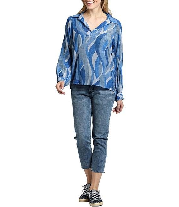 APNY Printed Collared V-Neck Long Sleeve Blouse Product Image