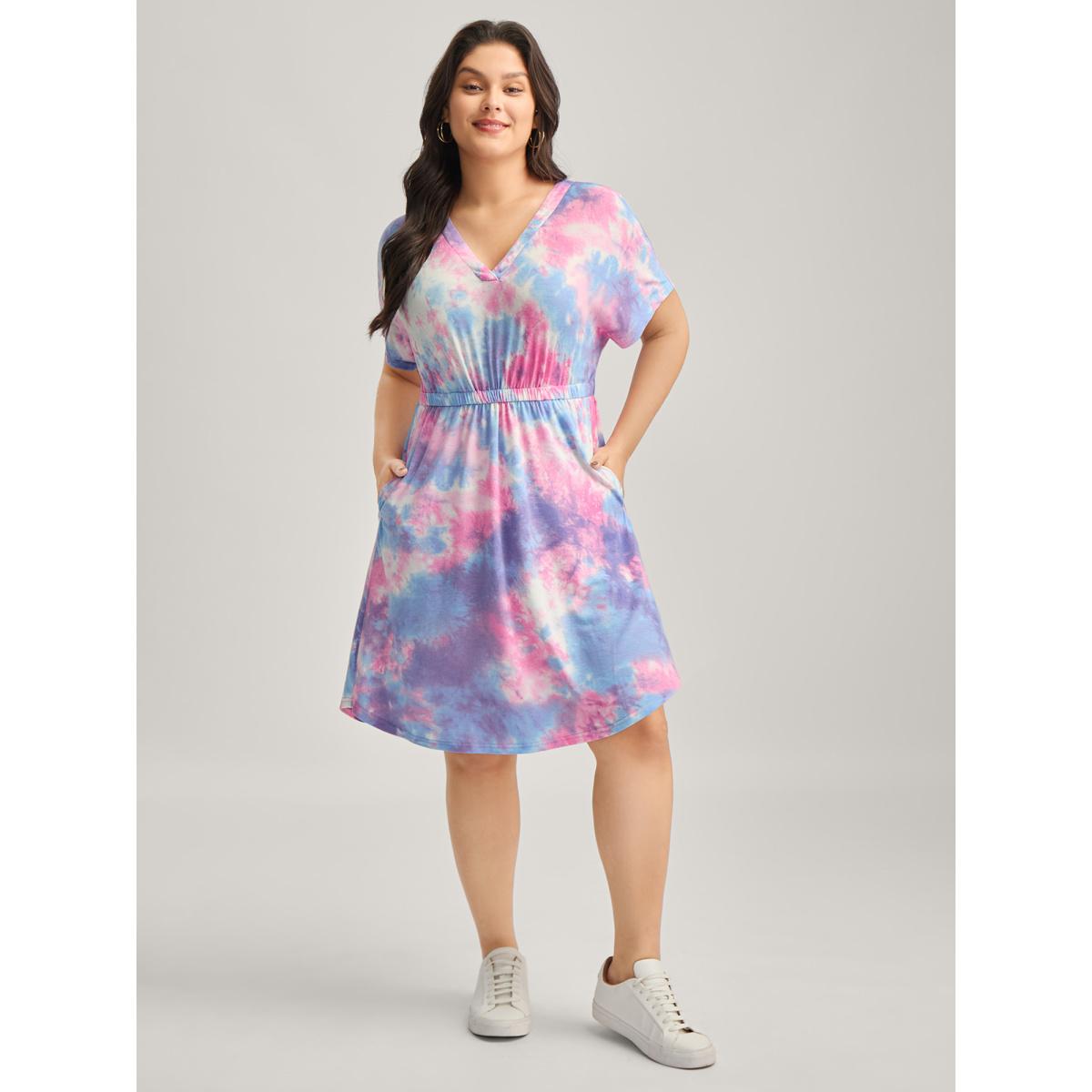 Plus Size Tie-Dye Curvy Hem V-Neck Midi Dress Multicolor Women Playful V-neck Short sleeve Curvy BloomChic 22-24/3X Product Image