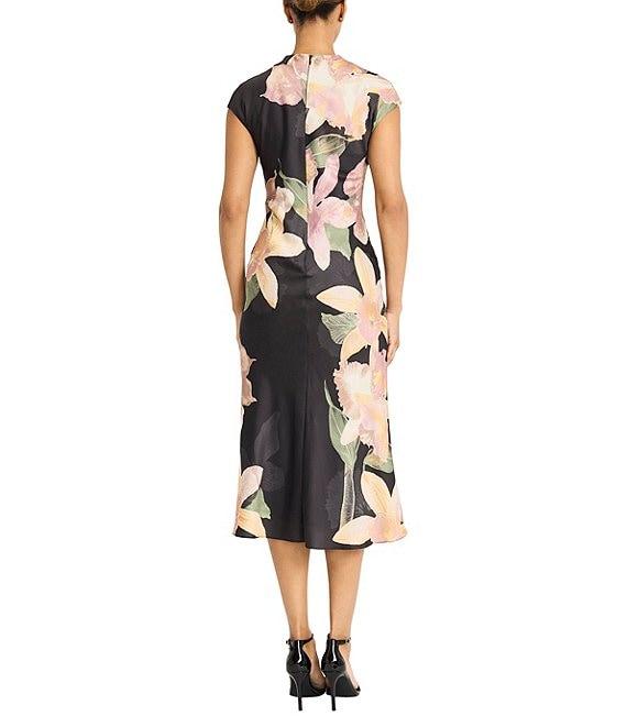 Maggy London Floral Print Charmeuse High Neck Cap Sleeve Bias Cut Sheath Dress Product Image
