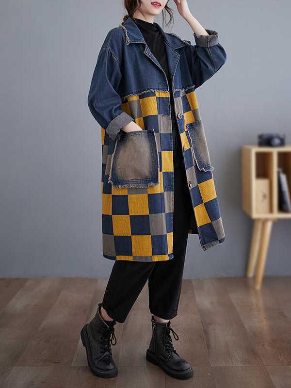 Long Sleeves Loose Buttoned Fringed Plaid Pockets Split-Joint Notched Collar Denim Outerwear Product Image