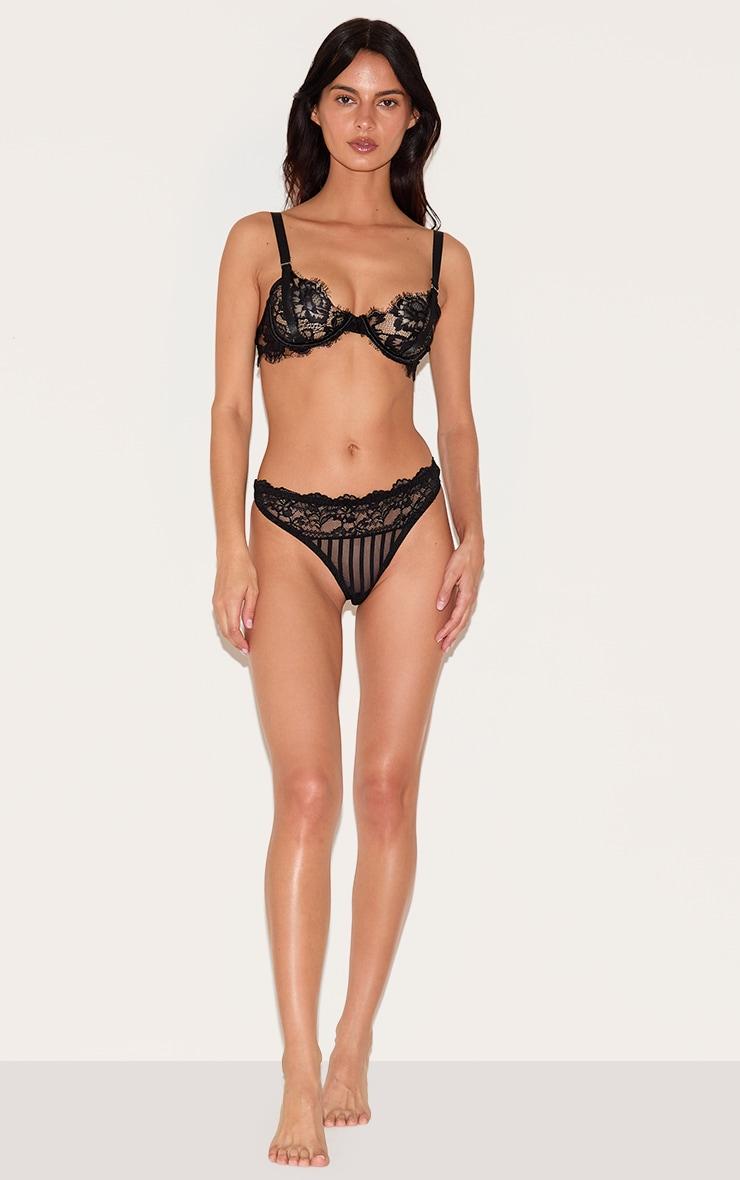 Black Mesh Stripe Thong Product Image