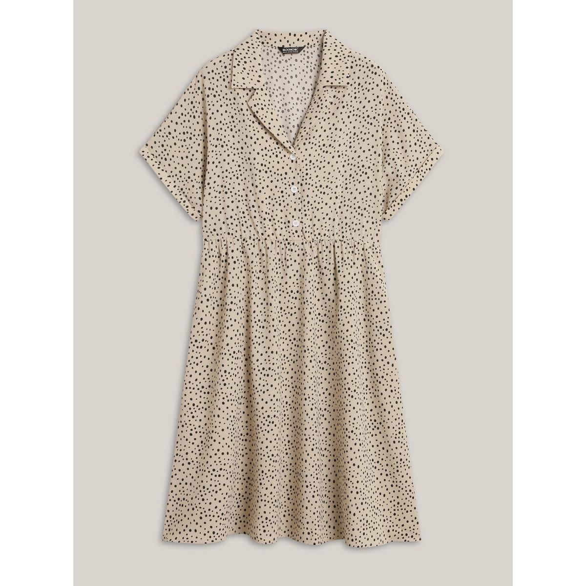 Plus Size Polka Dot Print Shirt Collar Midi Dress Champagne Women Button Shirt collar Short sleeve Curvy BloomChic 22-24/3X Product Image