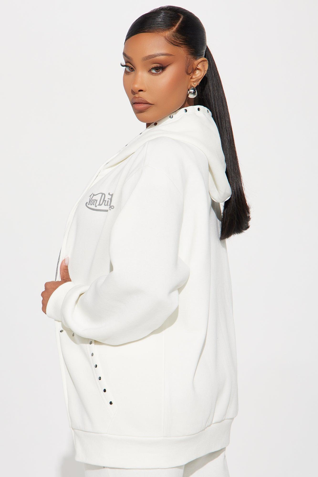 Von Dutch Studded Zip Front Hoodie - Cream Product Image