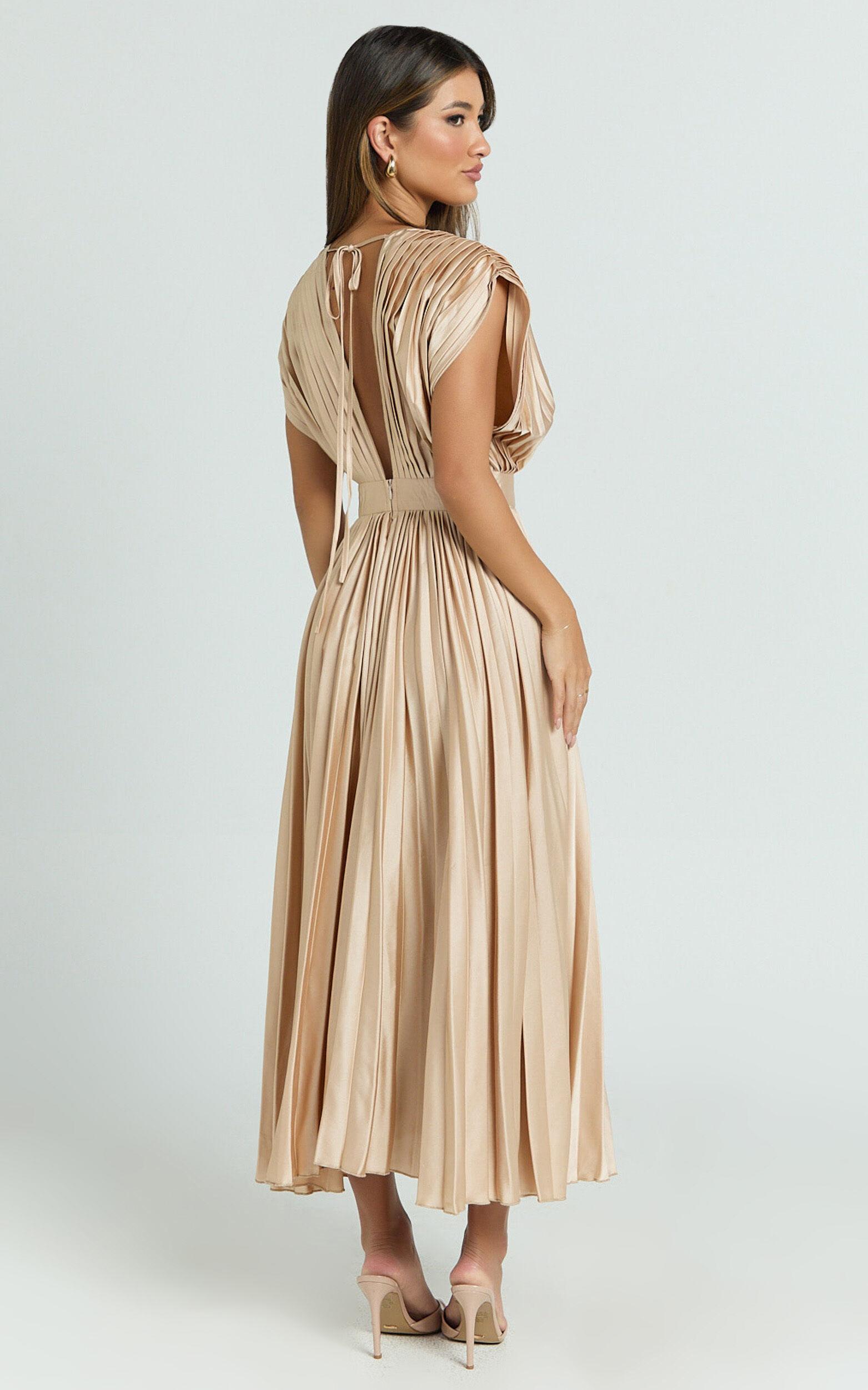 Della Midi Dress - Plunge Neck Short Sleeve Pleated Dress in Champagne Product Image