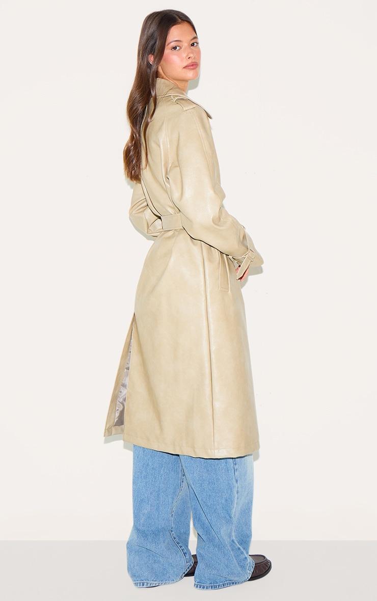 Cream Mid Length Faux Leather Trench Coat Product Image