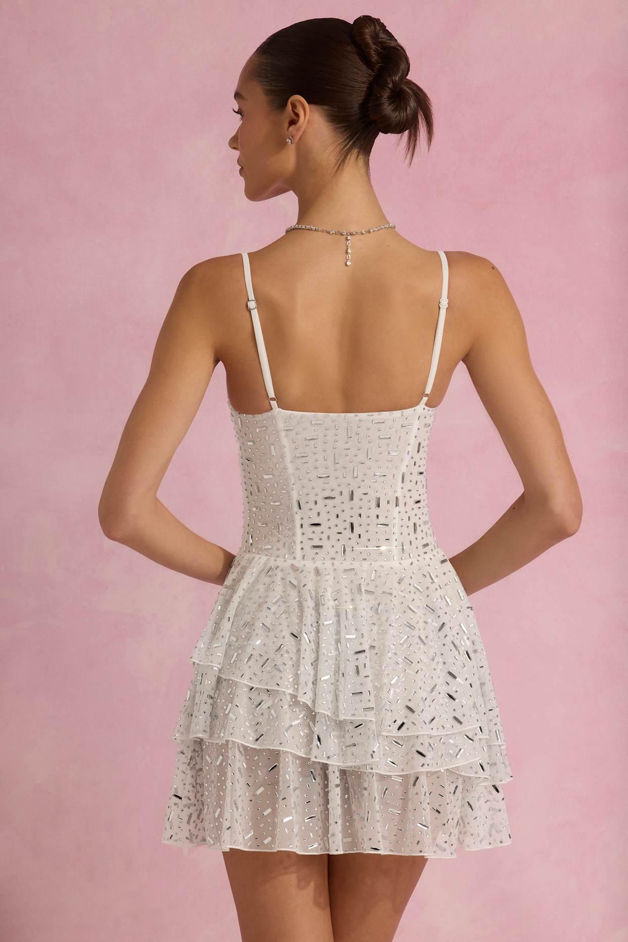 Embellished Ruffled Tiered Mini Dress in White Product Image