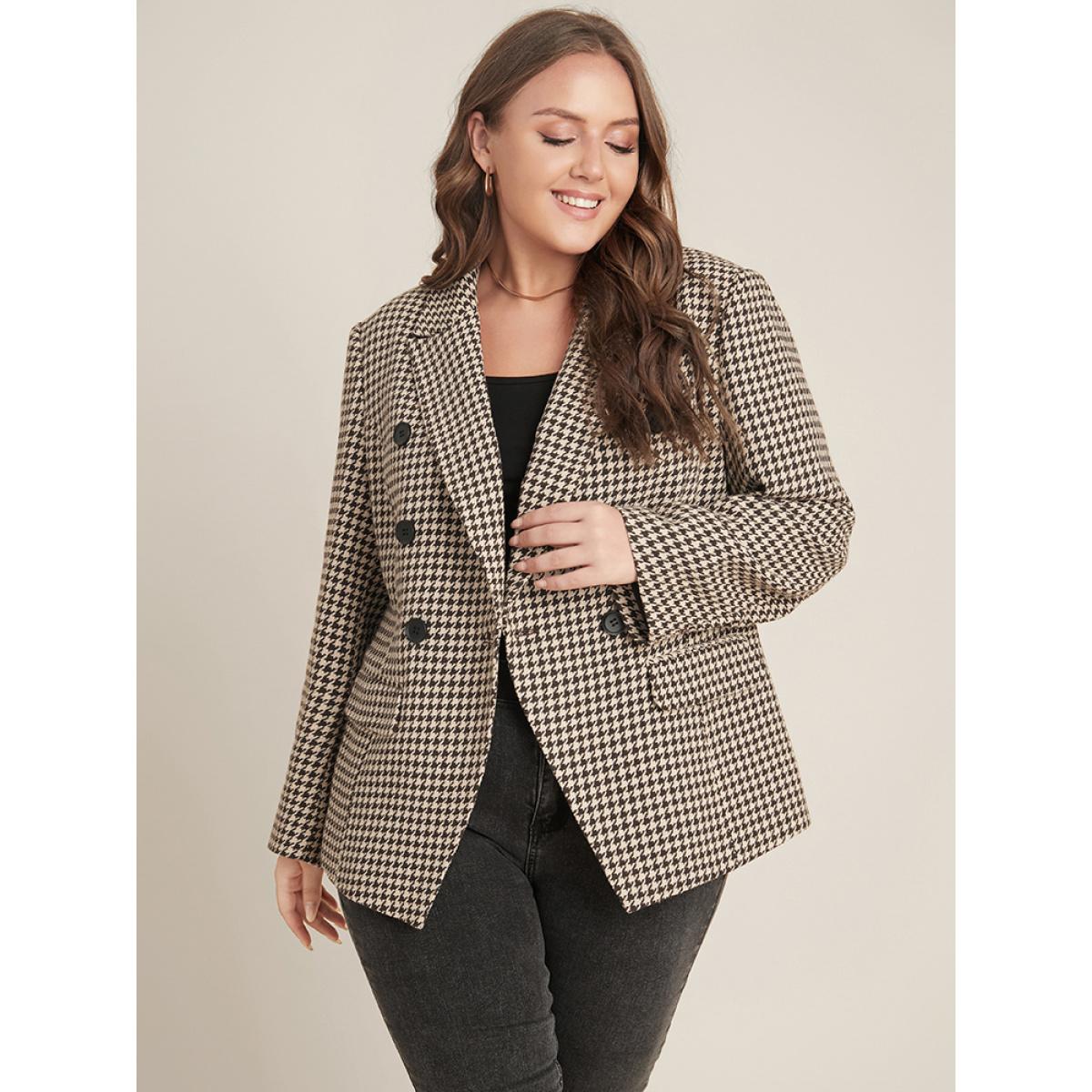 Plus Size Houndstooth Suit Collar Pocket Button Down Coat Women LightBrown Office Button Ladies Office Winter Coats BloomChic 10/M Product Image