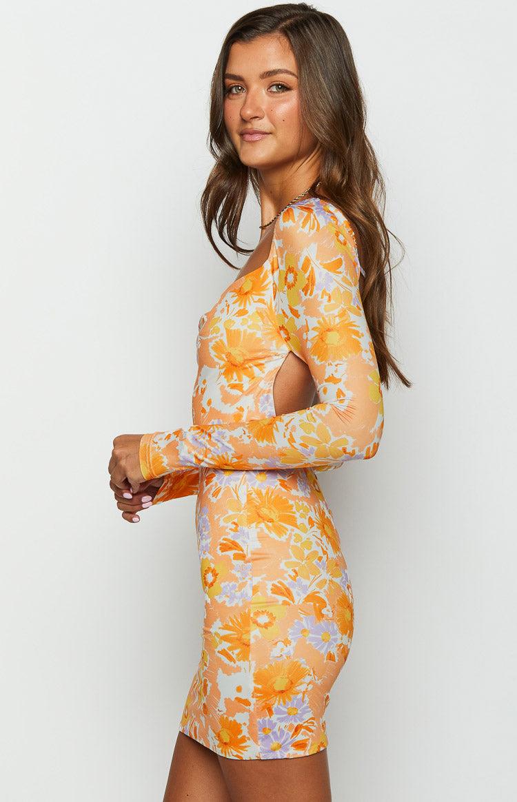 Ashi Orange Floral Long Sleeve Mini Dress Product Image