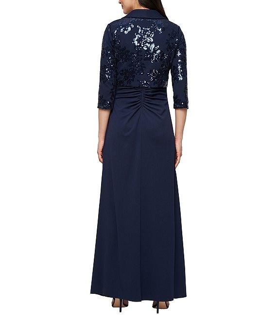 Alex Evenings Sequin Collared 3/4 Sleeve Jacket Scuba Crepe Front Slit Gown Product Image