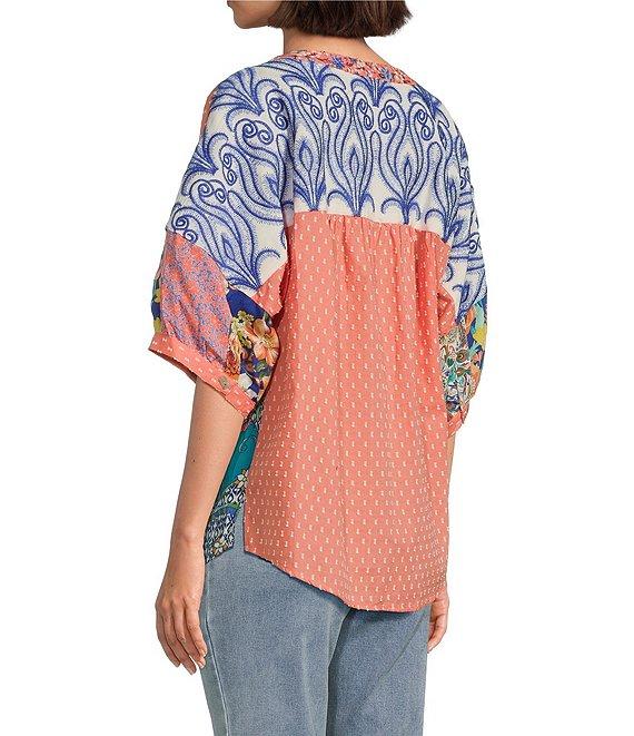 John Mark Clip Dot Embroidered Mix Print Dolman Sleeve Button Front Shirt Product Image