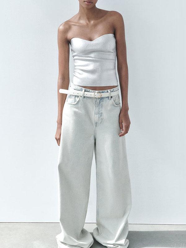 Skinny Sleeveless Shiny Solid Color Tube Vest Top Product Image