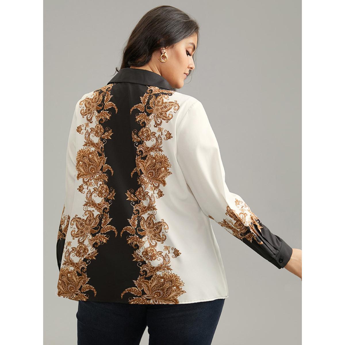 Plus Size Multicolor Boho Print Contrast Shirt Collar Blouse Women Vacation Long Sleeve Shirt collar Vacation Blouses BloomChic 22-24/3X Product Image