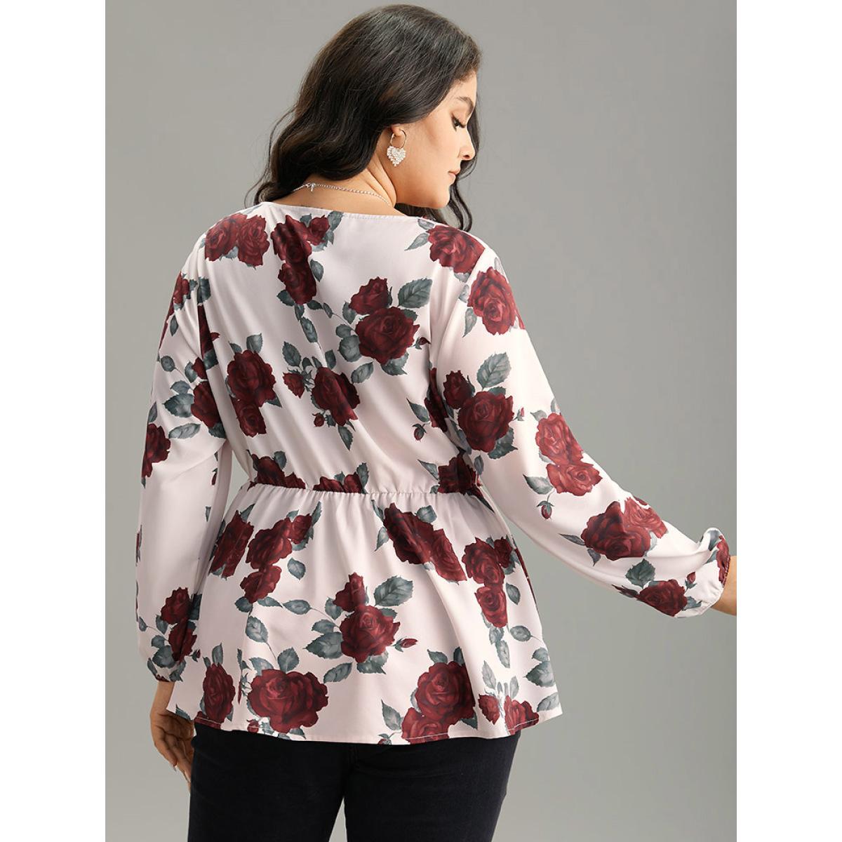 Plus Size Scarlet Floral Print Eyelet Lace Lantern Sleeve Blouse Women Glamour Long Sleeve V-neck Going out Blouses BloomChic 10/M Product Image