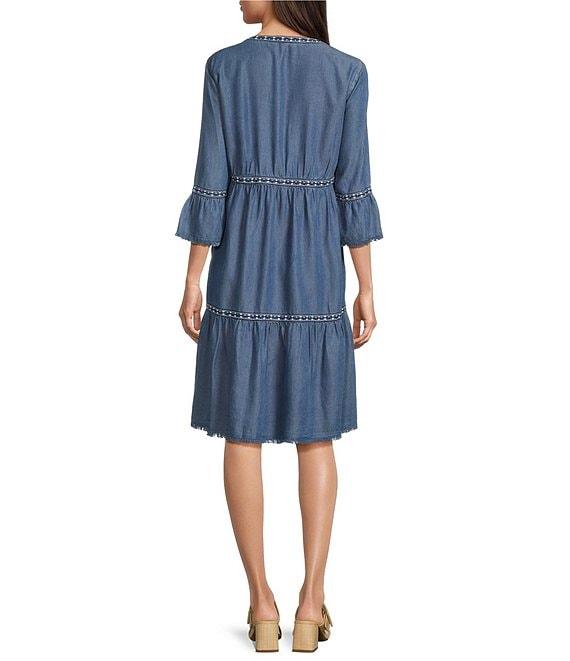 John Mark Embroidered Split V-Neck 3/4 Flounce Sleeve Tiered Dress Product Image