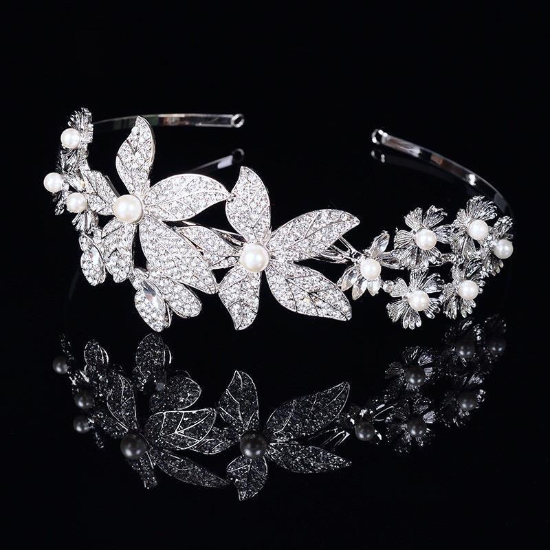 "Aleah" - Silver Pearl and Crystal Bridal Side-Headband/Tiara Product Image