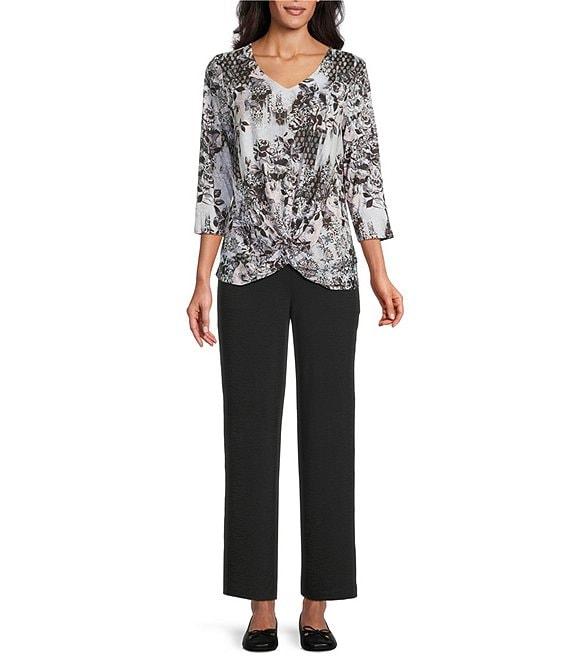 Allison Daley Foulard Floral Print Embellished 3/4 Sleeve V-Neck Knit Top Product Image