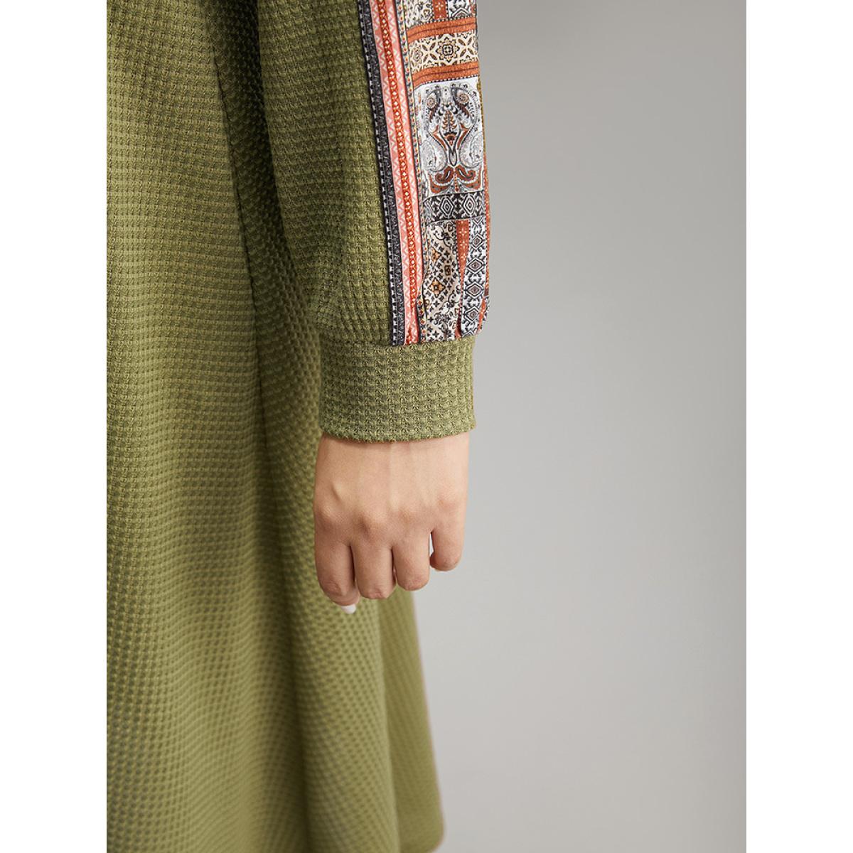 Plus Size Boho Print Striped Patchwork Waffle Knit Dress ArmyGreen Women Casual Waffle Knit Round Neck Long Sleeve Curvy Midi Dress BloomChic 26/4X Product Image