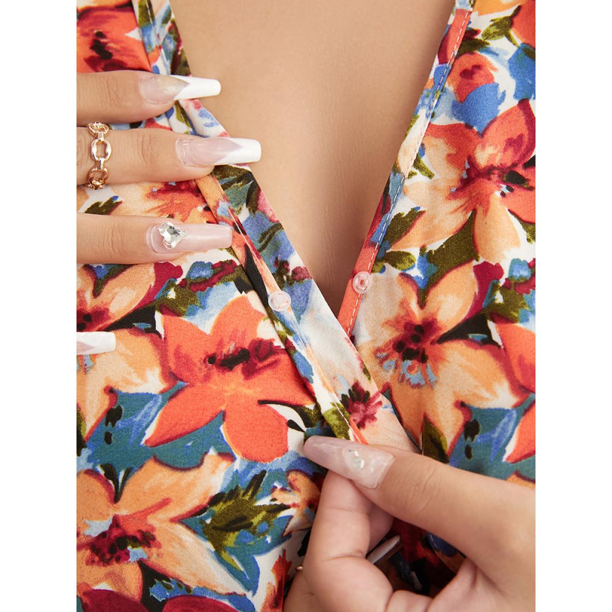 Plus Size Floral Printed Ruffle Sleeve Pocket Surplice Neck Flutter Dress Multicolor Women Elegant Cross straps V-neck Short sleeve Curvy Midi Dress BloomChic 12/L Product Image