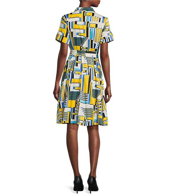 KARL LAGERFELD PARIS Cotton Sateen Printed Point Collar Short Sleeve Belted Shirt Dress Product Image