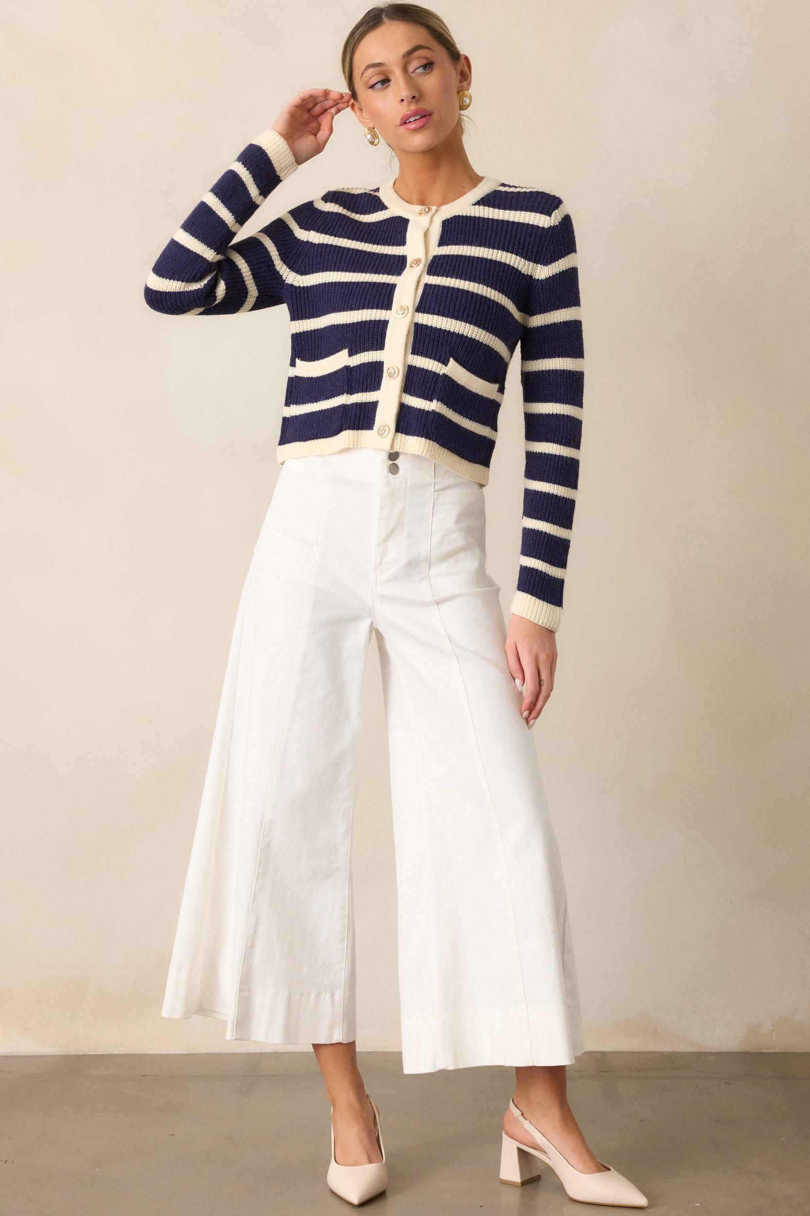 Let's Go Shopping Navy Stripe Button Front Cardigan Product Image