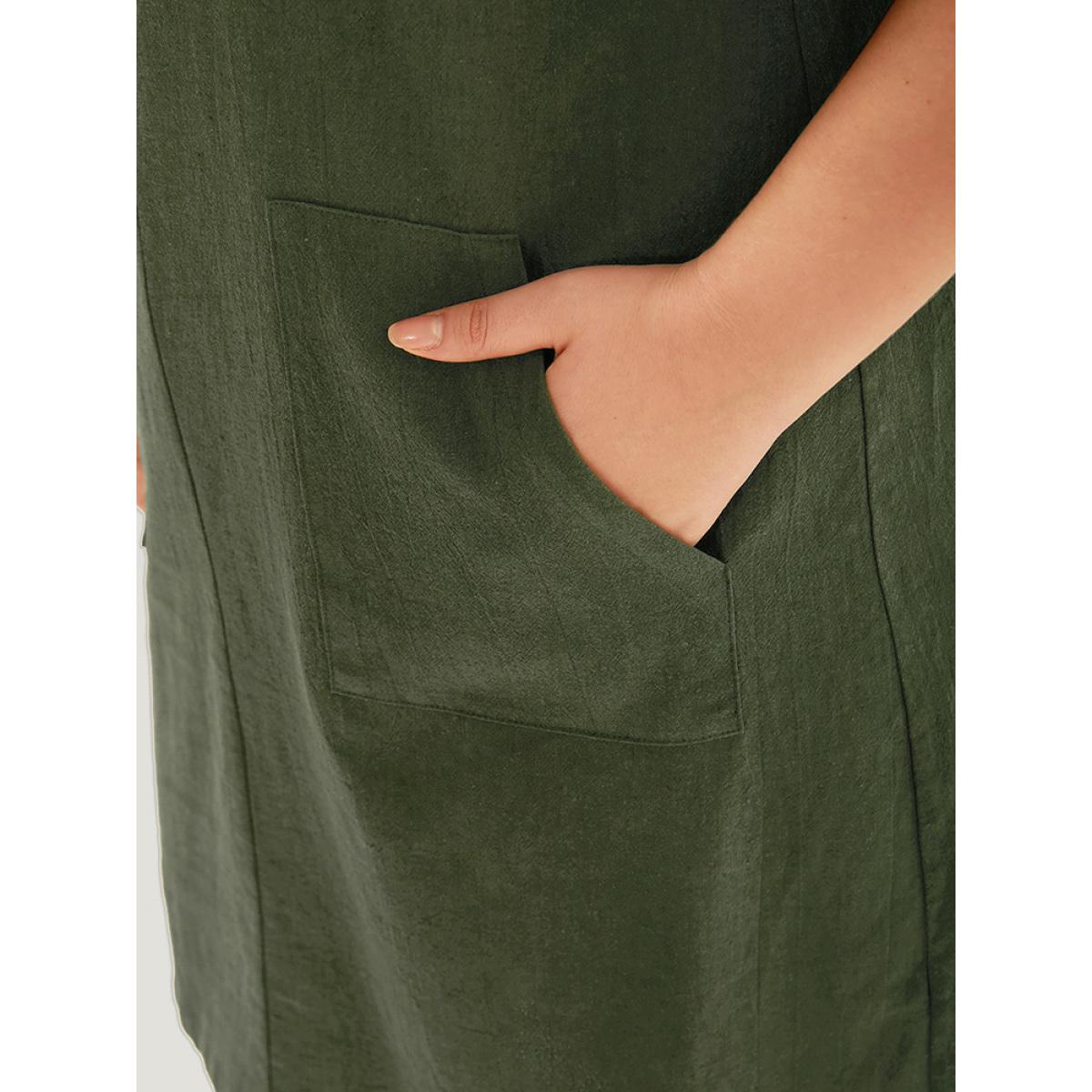 Plus Size Solid Square Neck Button Up Pocket Ruffle Trim Cami Dress ArmyGreen Women Casual Plain Spaghetti Strap Sleeveless Curvy Knee Dress BloomChic 10/M Product Image
