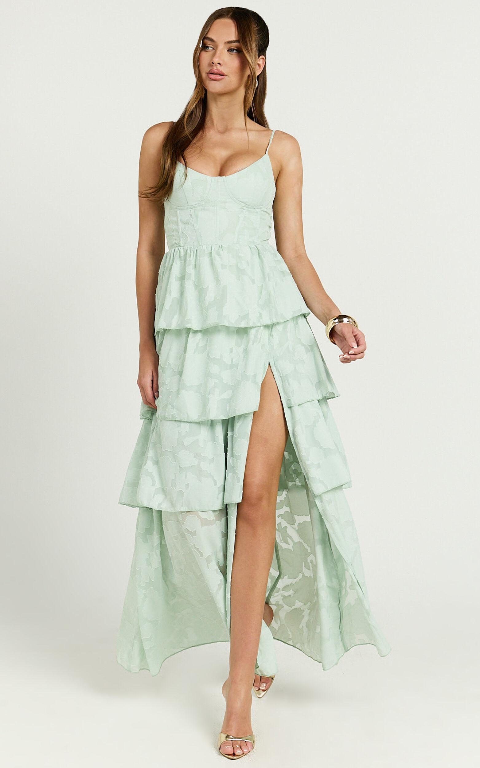 Janezkie Maxi Dress - Femme Tiered Jacquard Formal Dress in Mint Product Image