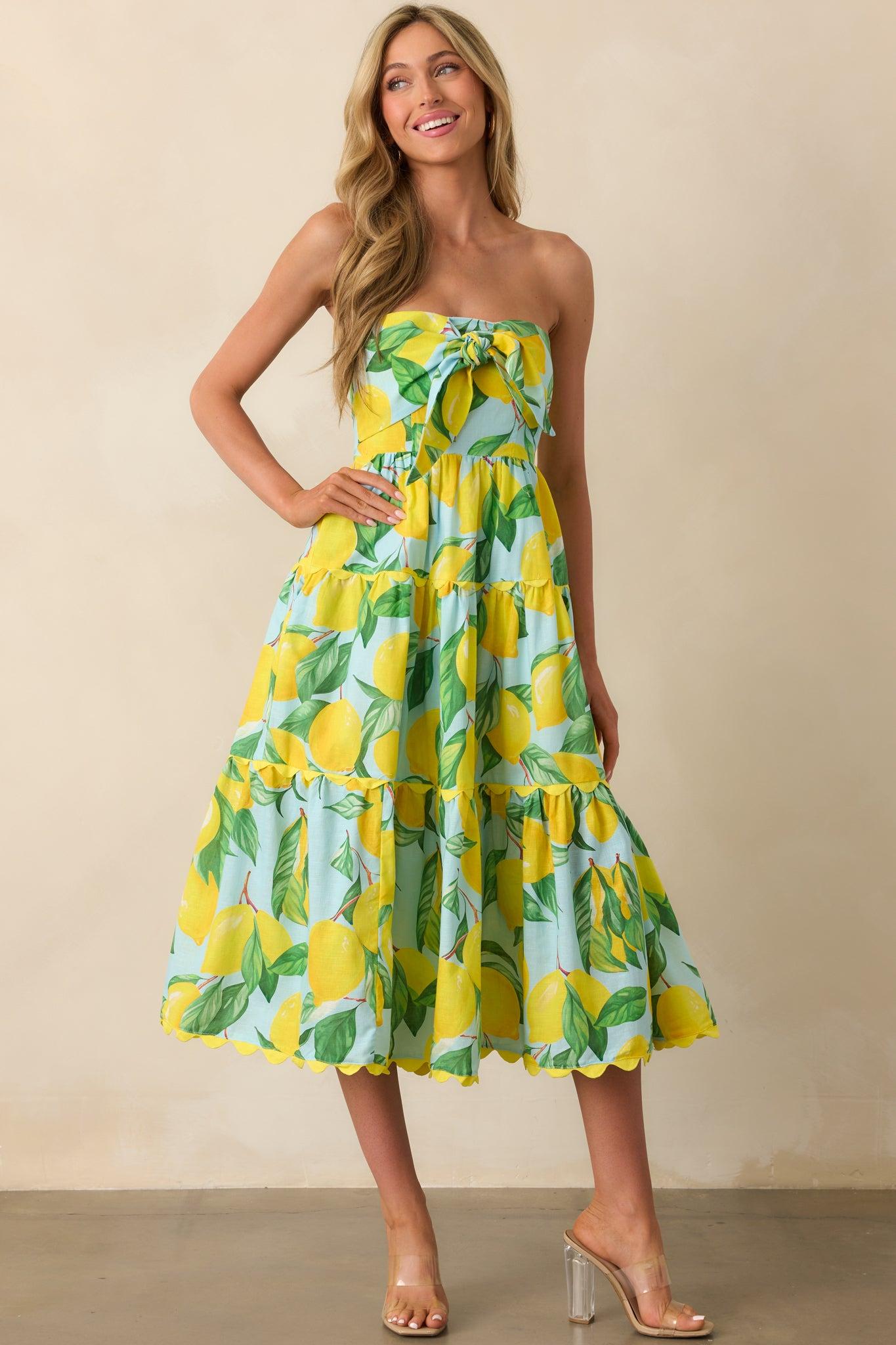 Prosperina Elena Blue Lemon Print Linen Strapless Midi Dress Product Image