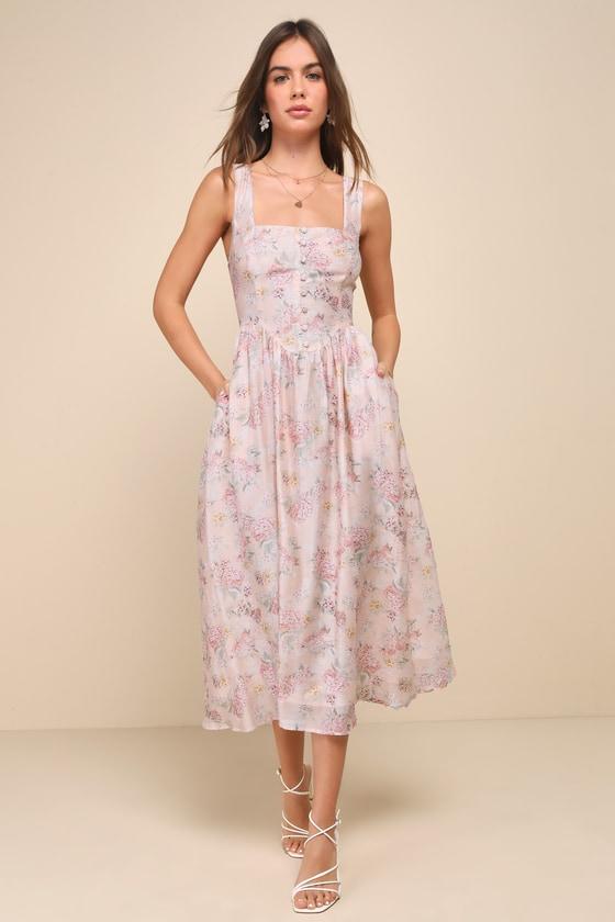 Darling Adoration Blush Pink Floral Midi Dress With Pockets Product Image