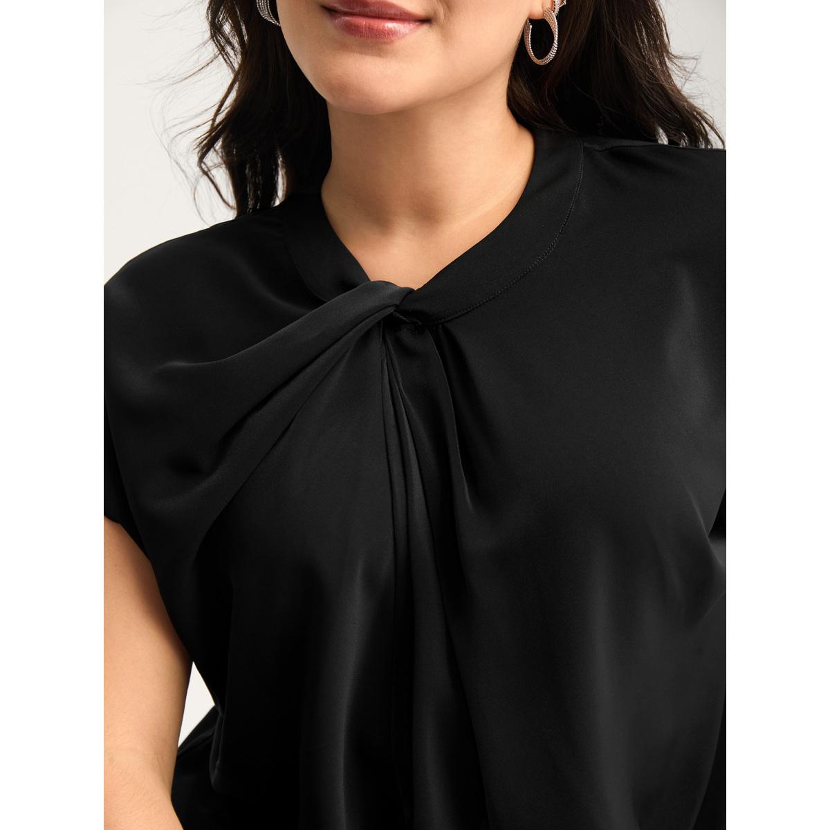 Plus Size Black Solid Twist Neck Slit Blouse Women Cap Sleeve Asymmetrical Neck Work Blouses BloomChic 26/4X Product Image