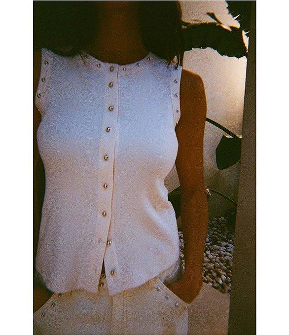 Never Fully Dressed Ribbed Knit Crew Neck Sleeveless Studded Button Front Tank Product Image