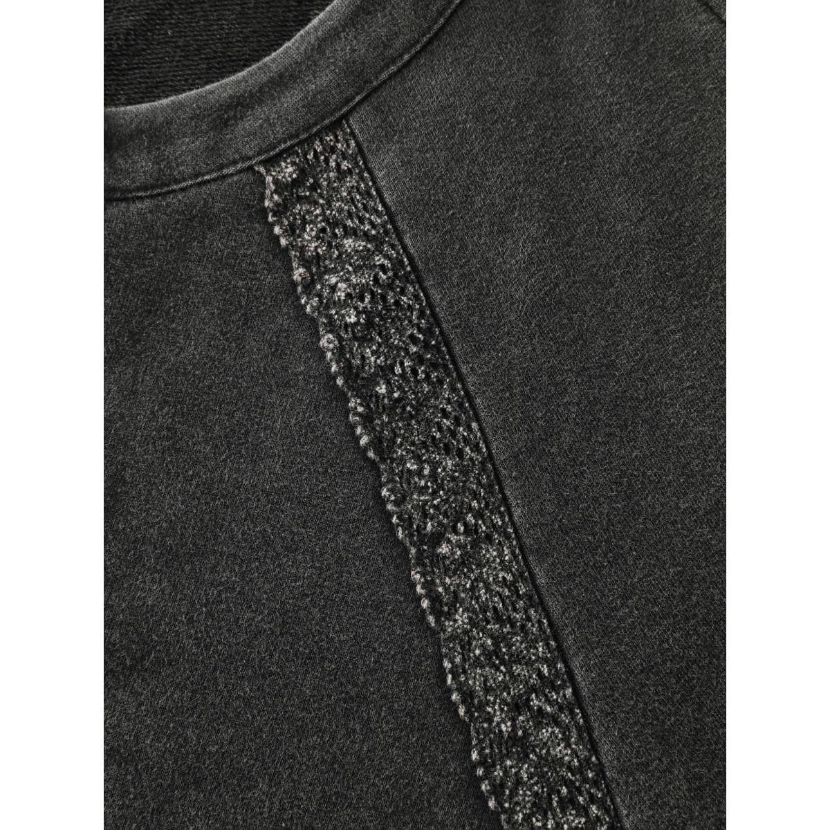 Plus Size Pure Cotton Vintage Lace Trim Sweatshirt Women Black Leisure Woven ribbon&lace trim Notched collar Casual Sweatshirts BloomChic 18-20/2X Product Image