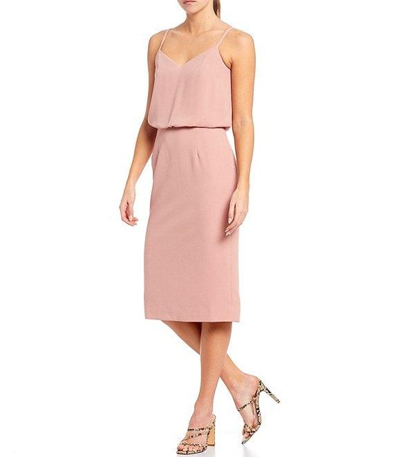 Dress the Population Stretch Crepe V-Neck Sleeveless Knee Length Blouson Dress Product Image