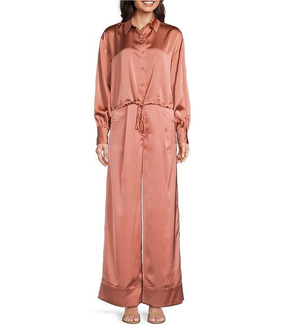 Le' AL.X Coordinating Satin Wide Leg High Rise Trouser Pants Product Image