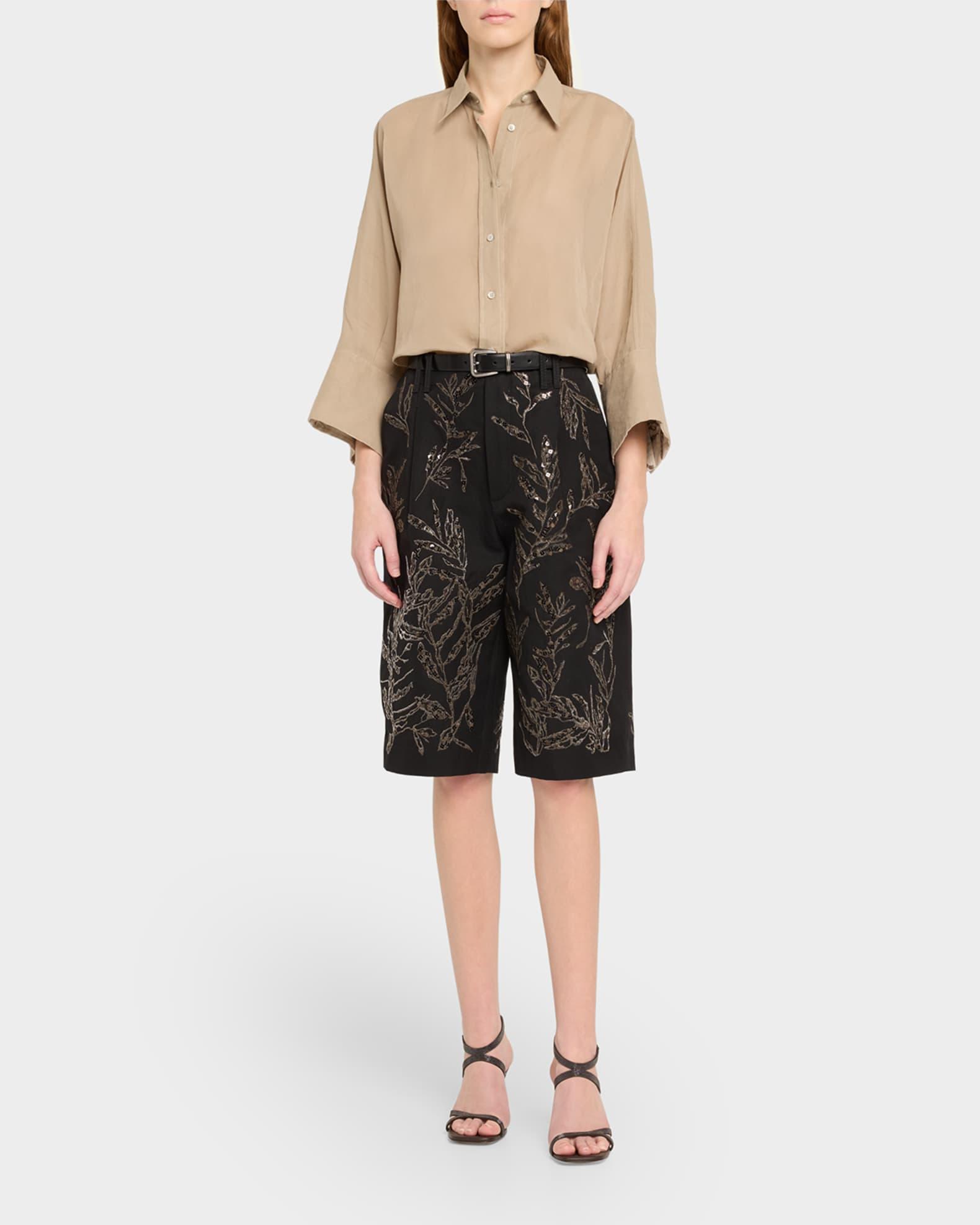 Embroidered-Cuff Cotton Gauze 3/4-Sleeve Shirt Product Image