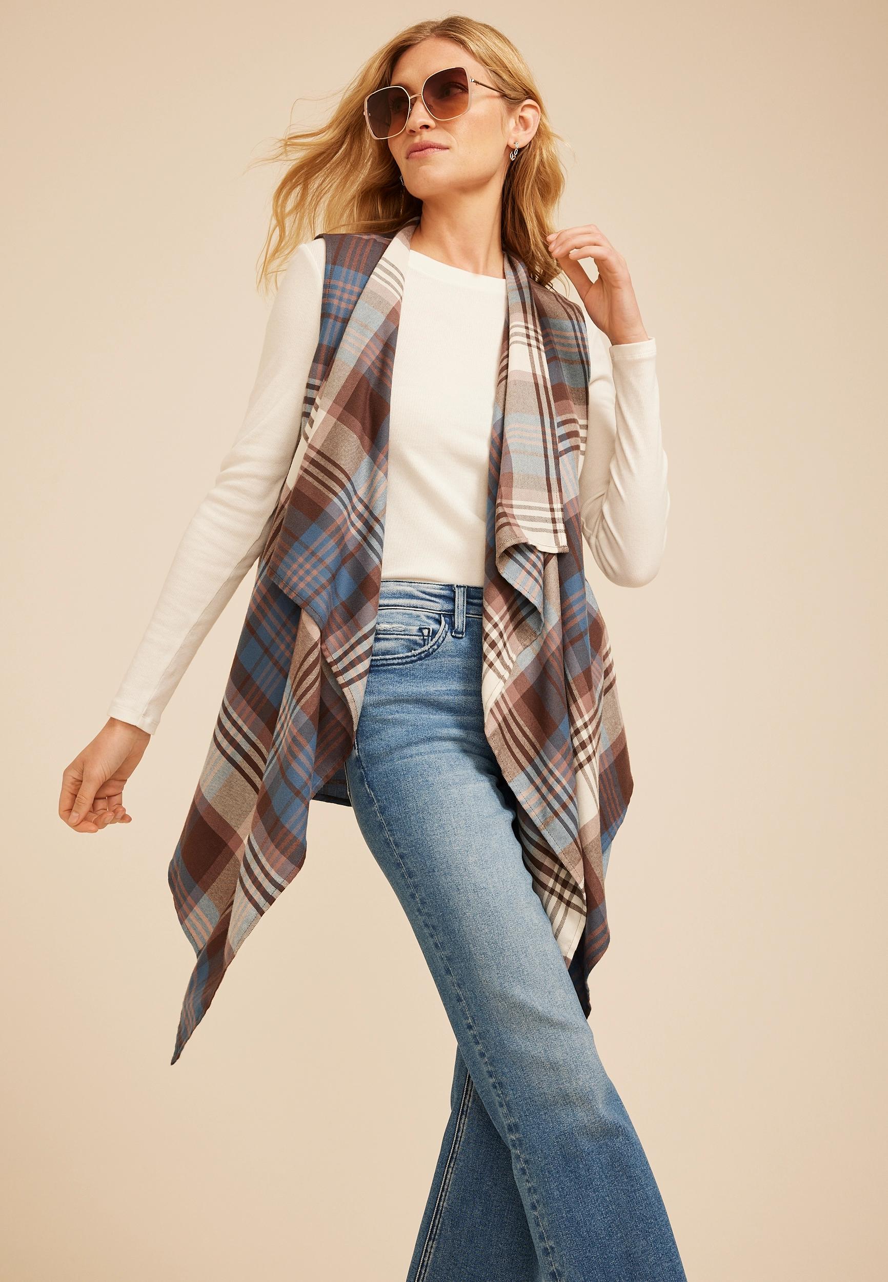 Plaid Open Front Waterfall Vest Product Image