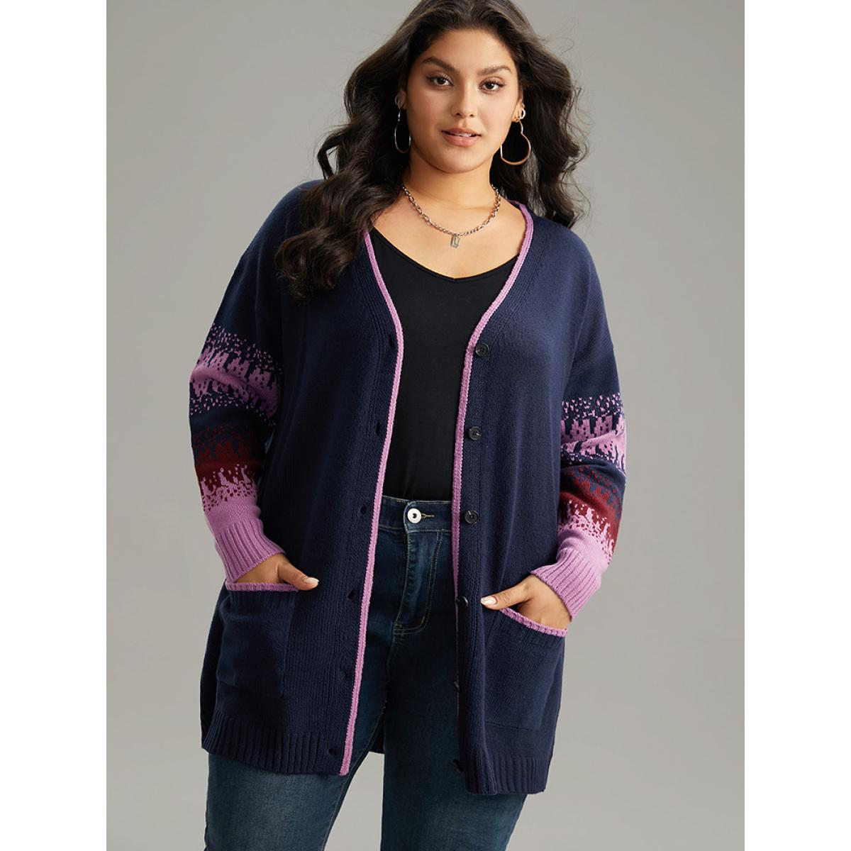 Plus Size Contrast Heather Pocket Open Front Cardigan Midnight Women Casual Loose Long Sleeve Everyday Cardigans BloomChic 12/L Product Image