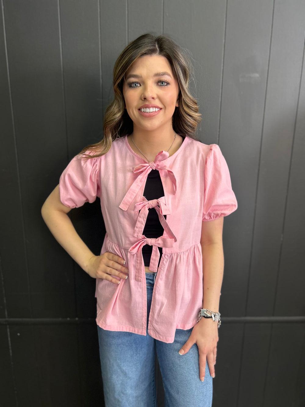 Short Sleeve Woven Front Bow Tie Top - 5 Colors* Product Image