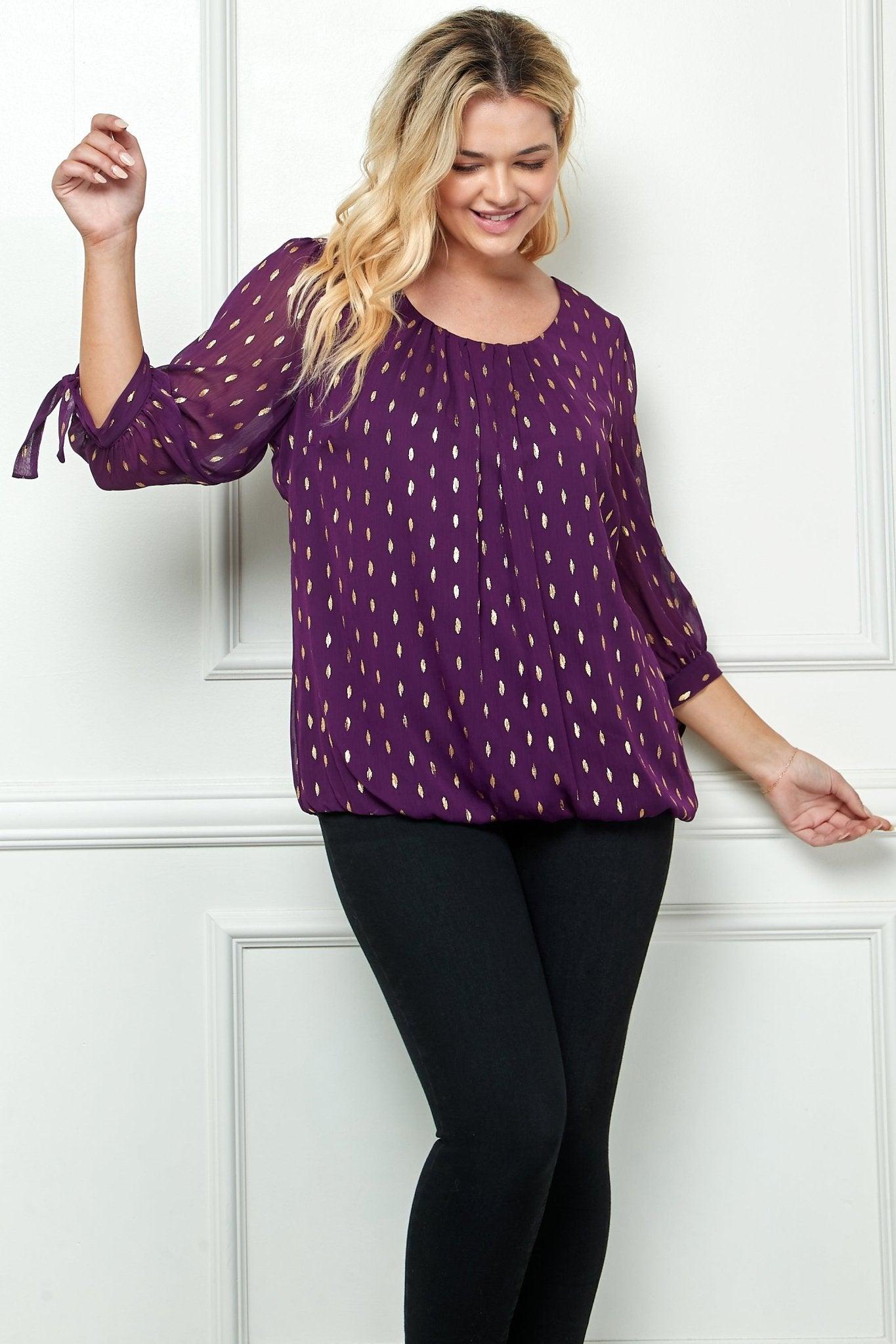 Plum 3/4 Tie Sleeve Bubble Blouse - Plus Product Image