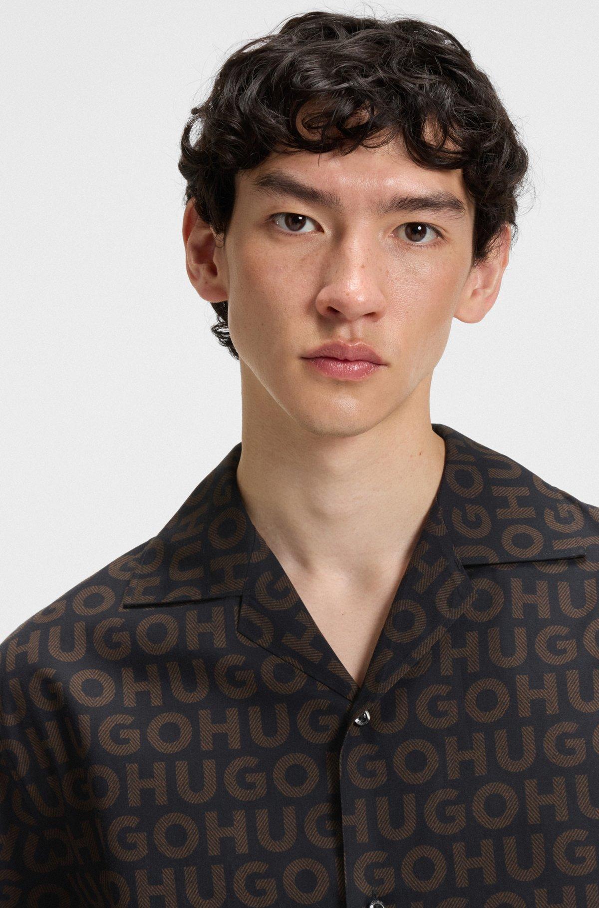 HUGO - Oversize-fit shirt in printed cotton poplin - Brown Product Image