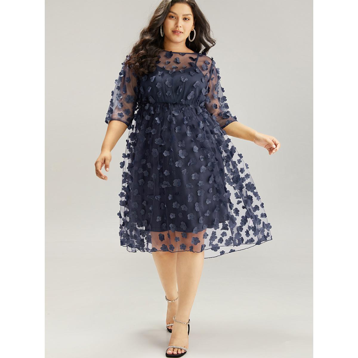 Plus Size Floral Embroidered Mesh Elastic Waist Crew Neck Dress DarkBlue Women Glamour See through Round Neck Elbow-length sleeve Curvy Knee Dress BloomChic 22-24/3X Product Image