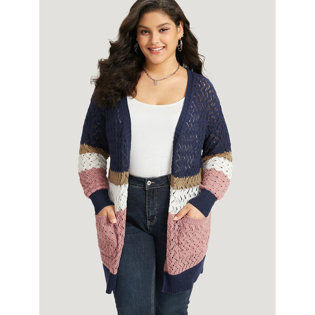 Plus Size Colorblock Eyelet Patched Pocket Cardigan Multicolor Women Casual Loose Long Sleeve Dailywear Cardigans BloomChic 26/4X Product Image