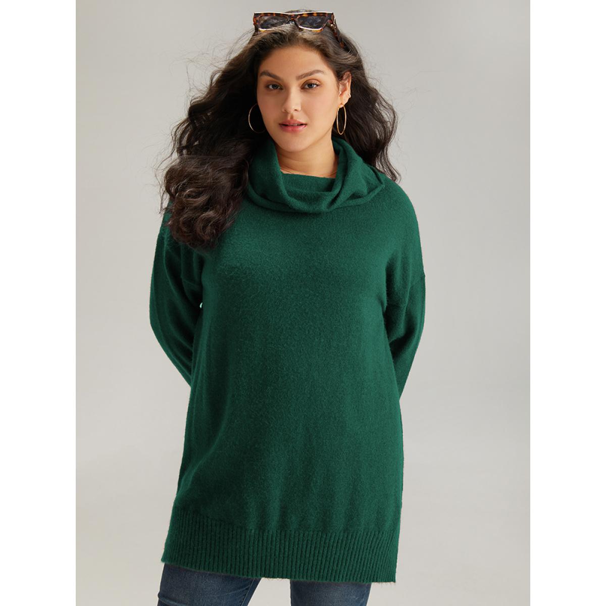 Plus Size Anti-Pilling Split Side Turtle Neck Pullover DarkGreen Women Casual Loose Long Sleeve Lapel Collar Everyday Pullovers BloomChic 12/L Product Image