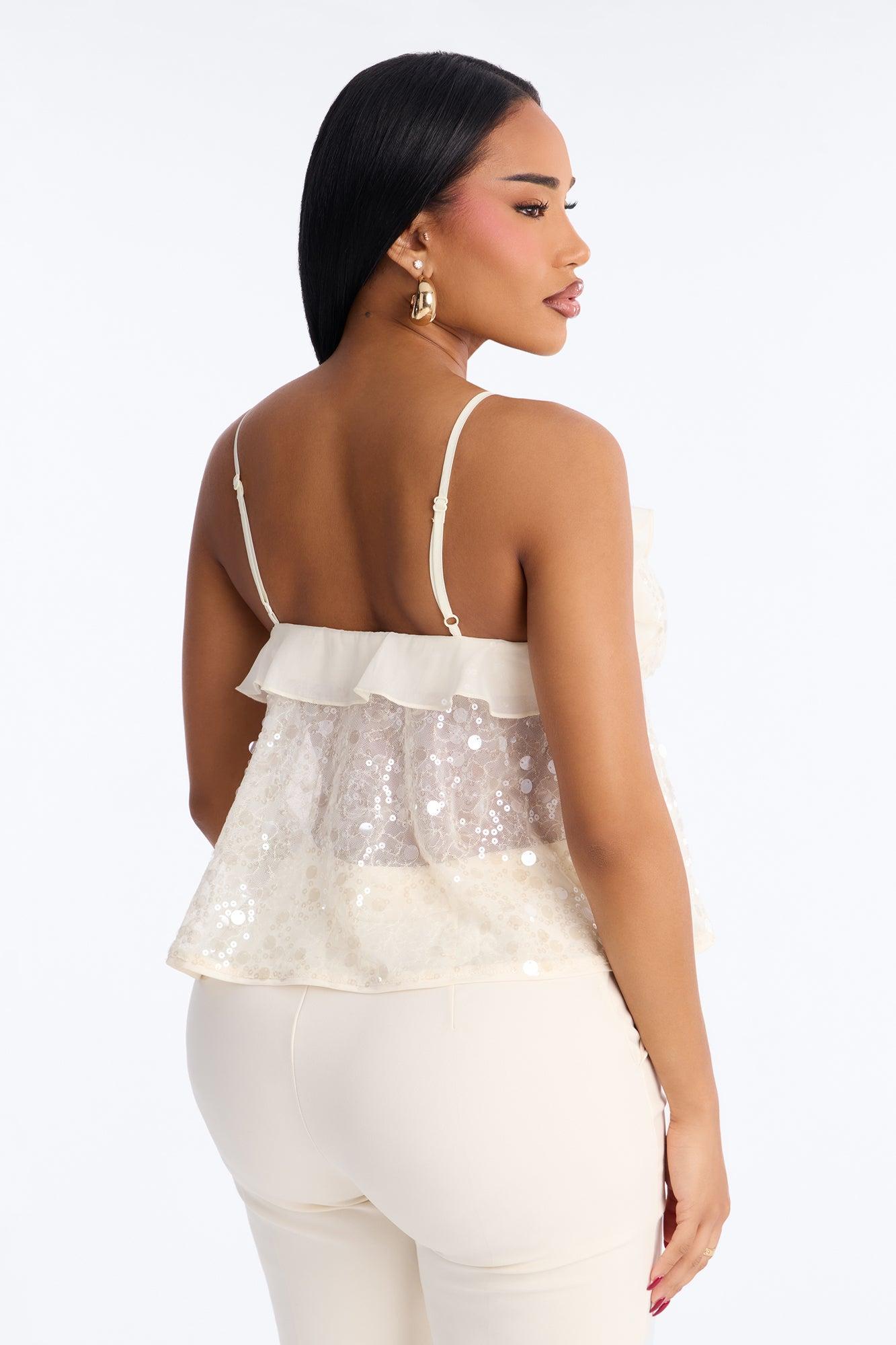 Sparkle Now Sleep Later Ruffle Sequin Flyaway Top - Cream Female Product Image
