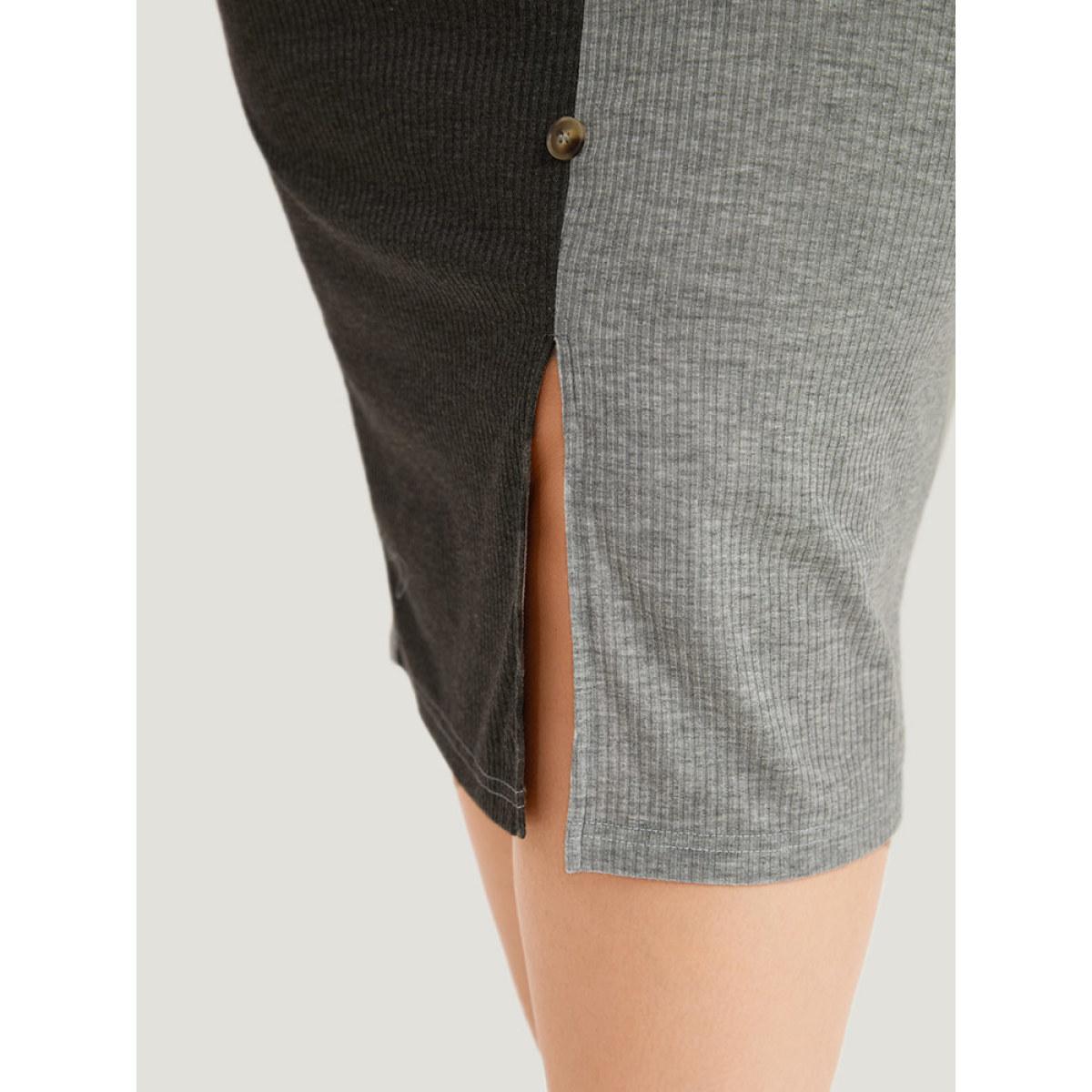 Plus Size Two Tone V Neck Button Detail Split Front Dress LightGray Women Casual Plain V-neck Half Sleeve Curvy Midi Dress BloomChic 30/6X Product Image