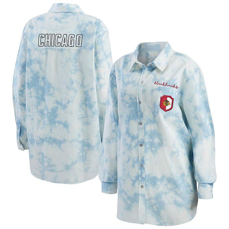 Women's WEAR by Erin Andrews White Chicago Blackhawks Oversized Tie-Dye Button-Up Denim Shirt, Size: Medium Product Image