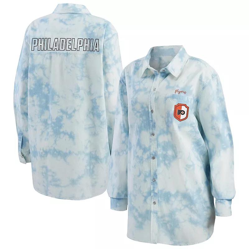 Women's WEAR by Erin Andrews White Philadelphia Flyers Oversized Tie-Dye Button-Up Denim Shirt, Size: Large, Fly White Product Image