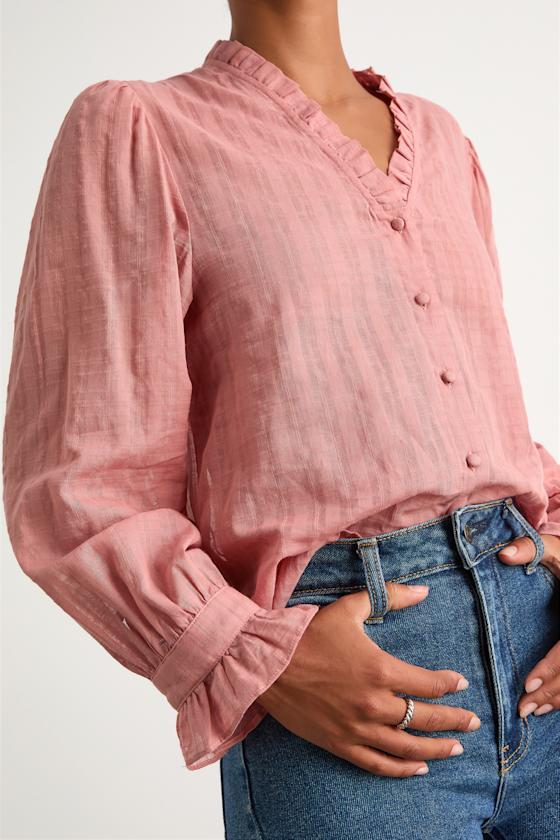 Rocklin Coral Pink Ruffled Button-Front Long Sleeve Top Product Image
