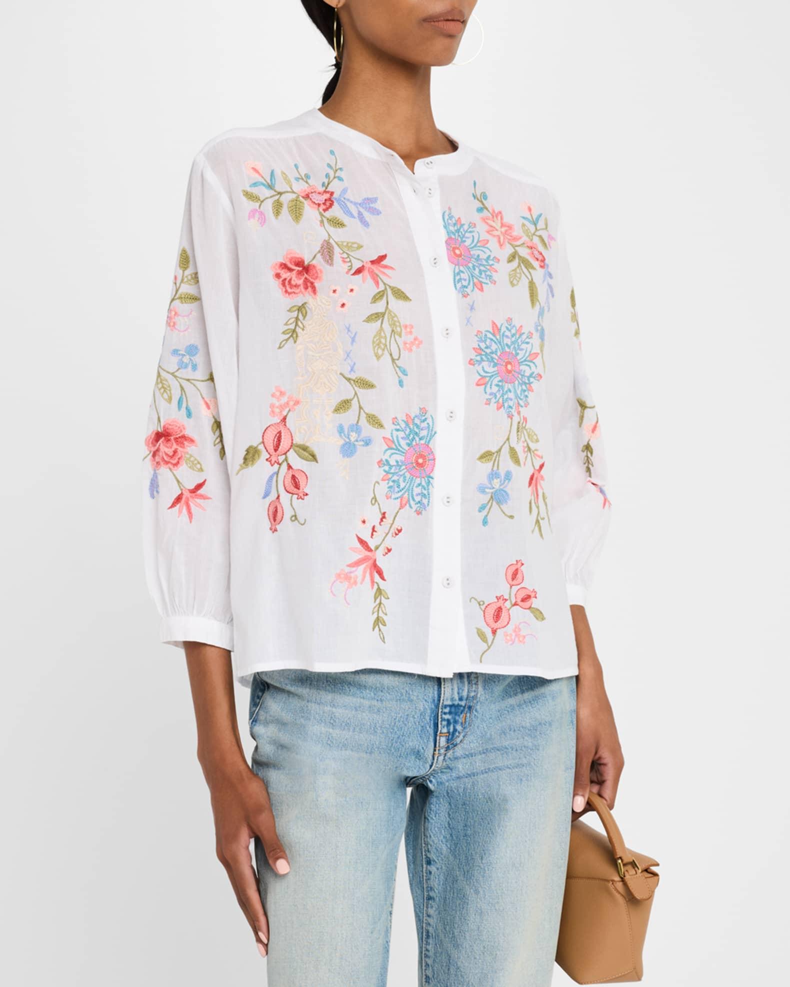 Shirred Floral-Embroidered Cotton Blouse Product Image